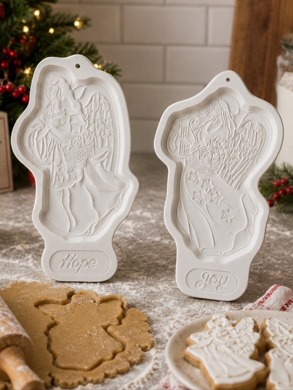 LONGABERGER Pottery Pair HOPE LOVE Cookie Mold Holiday Angel Series 1994 1996